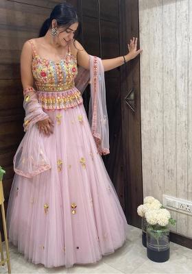 Baby Pink Sequins And Dori Work Net Lehenga Set