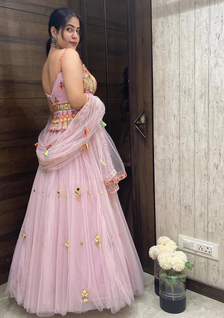Baby Pink Sequins And Dori Work Net Lehenga Set - Indya