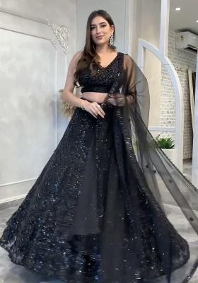 Black Sequins And Dori Work Net Lehenga Set