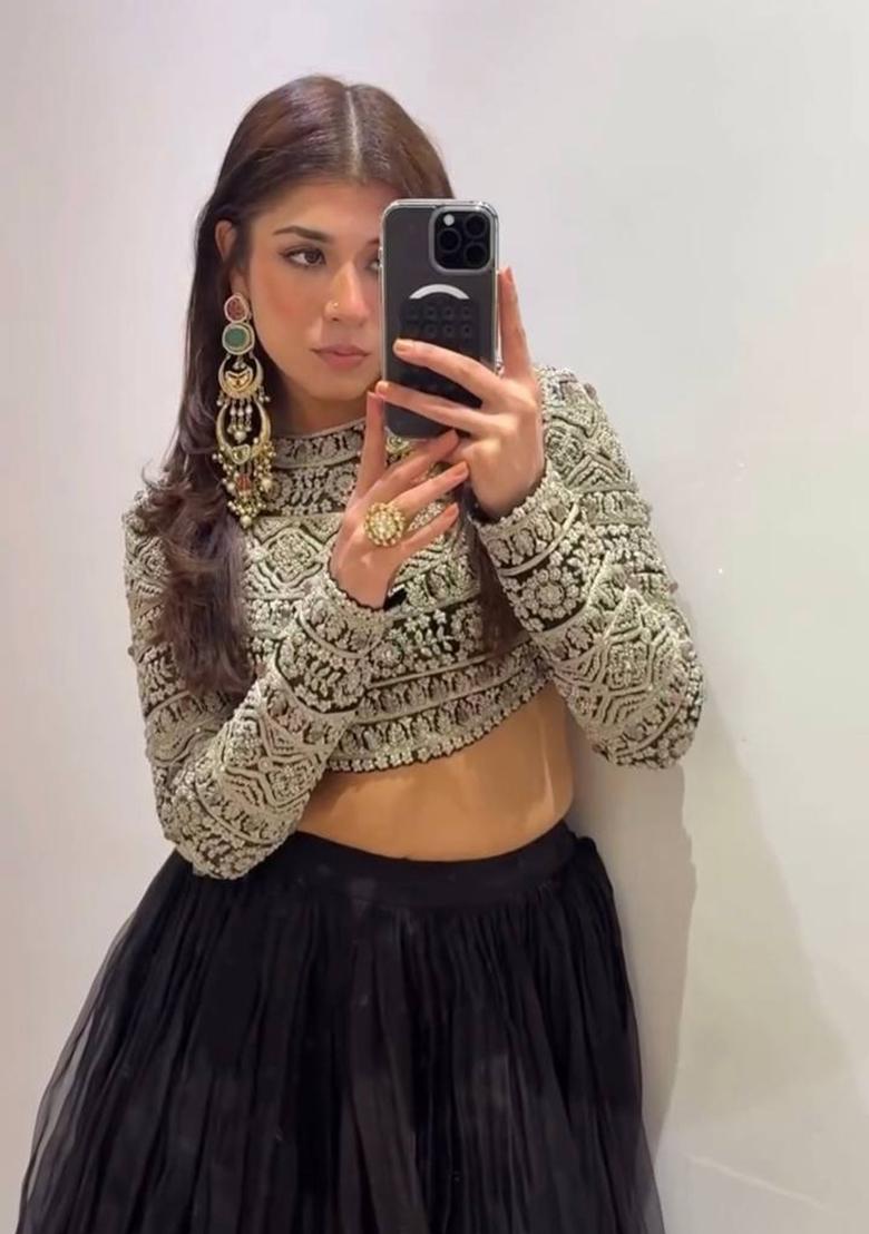 Black Sequence And Thread Work Georgette Lehenga Set - Indya