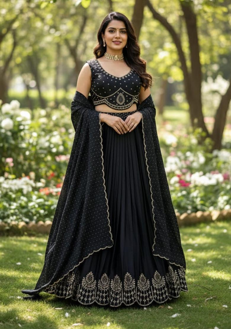 Black Sequence Work Velvet Lehenga Set - Indya