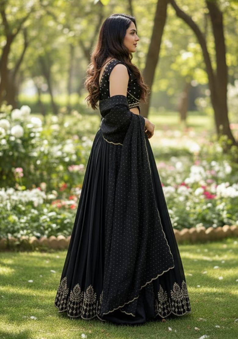 Black Sequence Work Velvet Lehenga Set - Indya