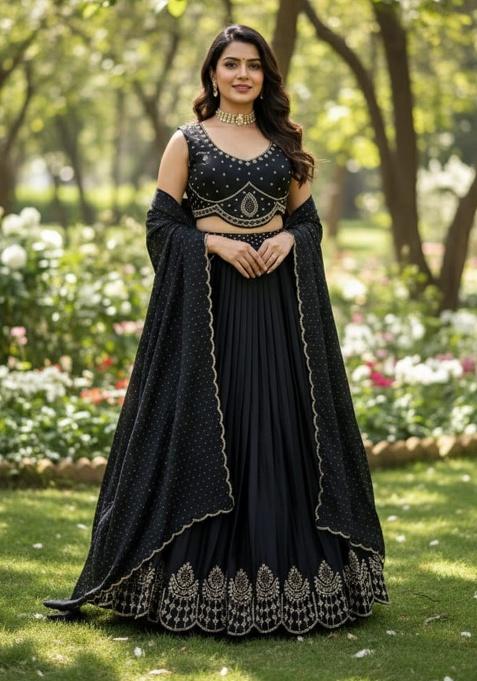 Black Sequence Work Velvet Lehenga Set