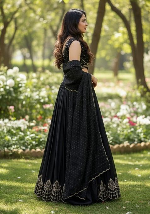 Black Sequence Work Velvet Lehenga Set