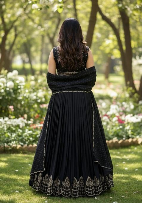 Black Sequence Work Velvet Lehenga Set