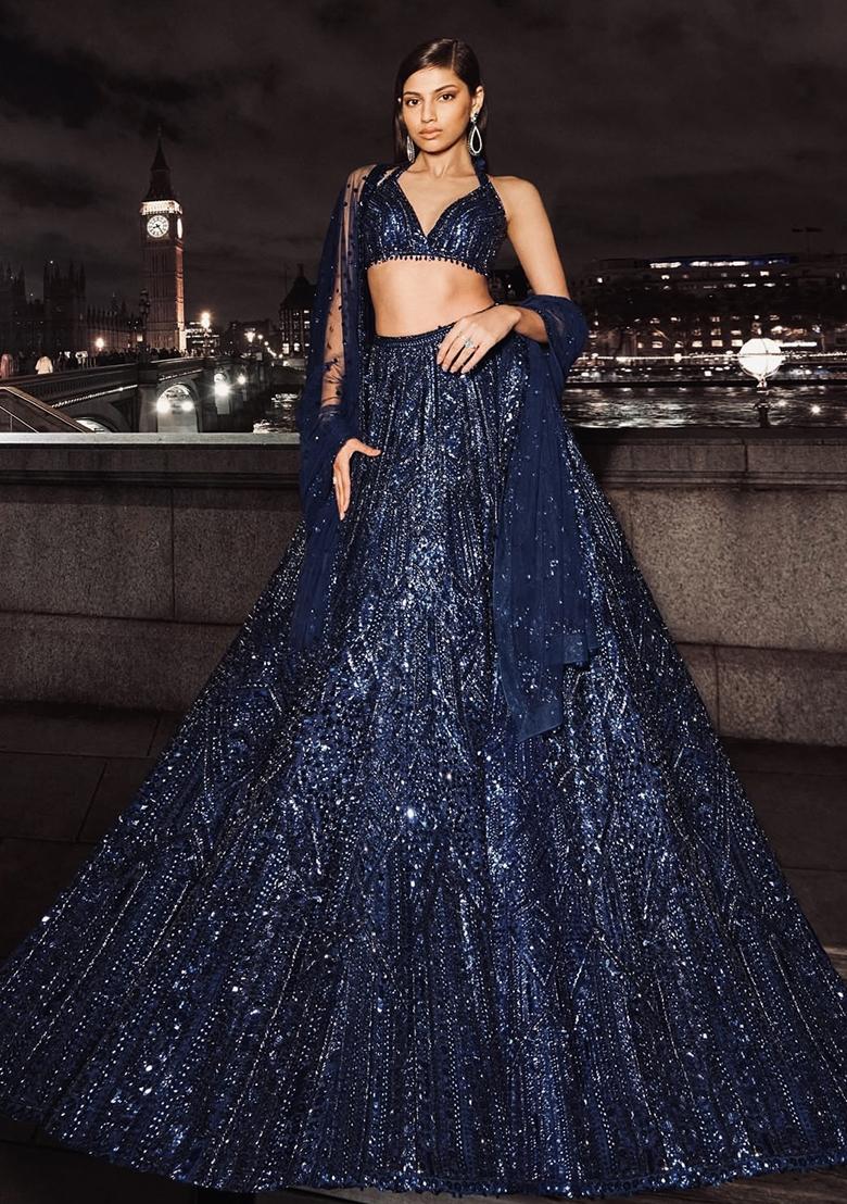 Blue Sequins And Dori Work Net Lehenga Set - Indya