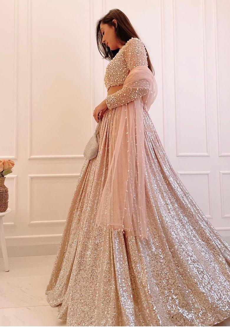 Cream Sequence Work Silk Lehenga Set - Indya