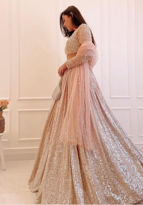 Cream Sequence Work Silk Lehenga Set