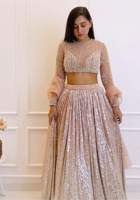 Cream Sequence Work Silk Lehenga Set
