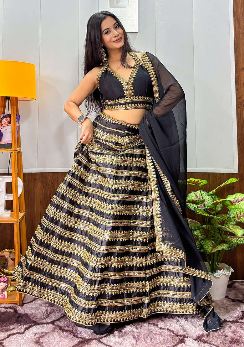 Black And Dori Work Silk Blend Lehenga Set with Sequins for Diwali | Wedding & Festive Wear - Indya