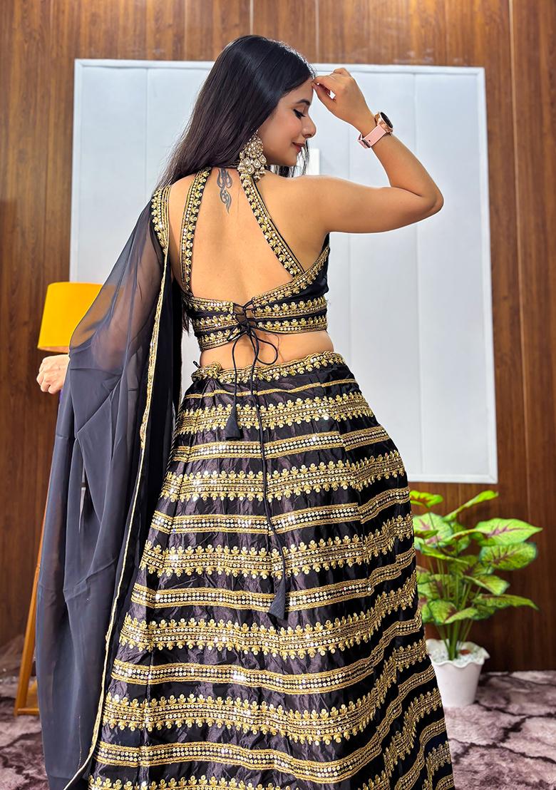 Black Sequins And Dori Work Silk Lehenga Set - Indya