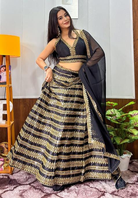 Black Sequins And Dori Work Silk Lehenga Set