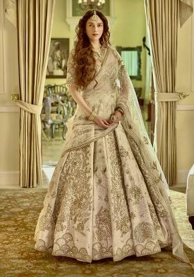 Cream Sequins And Dori Work Silk Lehenga Set