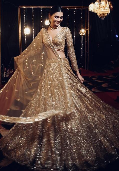 Golden Sequins And Dori Work Silk Lehenga Set