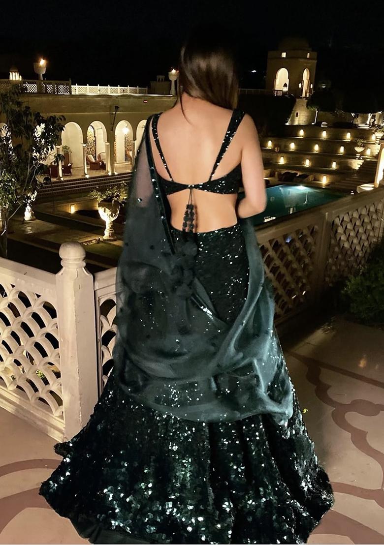 Green Sequence And Thread Work Georgette Lehenga Set