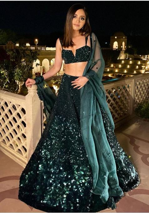 Green Sequence And Thread Work Georgette Lehenga Set