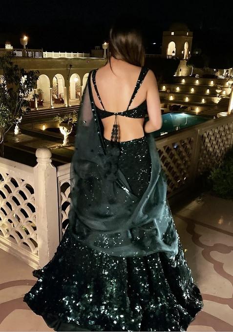 Green Sequence And Thread Work Georgette Lehenga Set