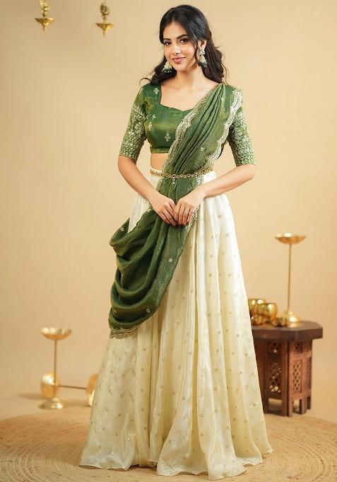 Off White Sequence And Thread Work Silk Lehenga Set