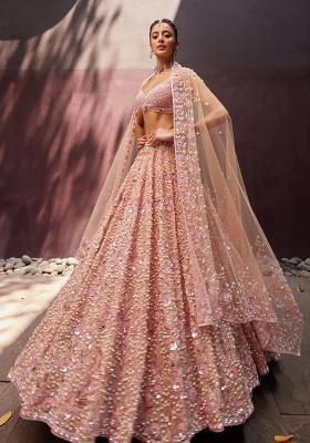 Peach Sequins And Dori Work Georgette Lehenga Set