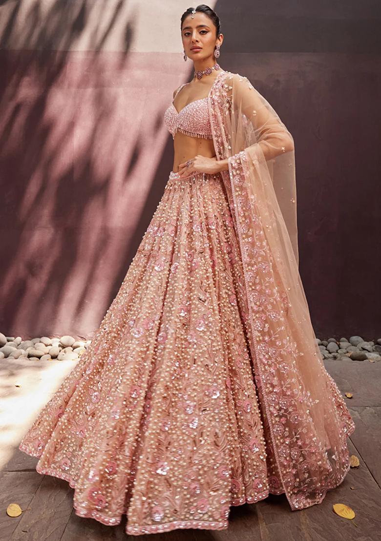 Peach Sequins And Dori Work Georgette Lehenga Set - Indya