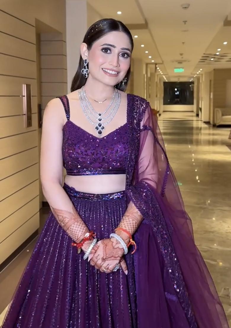 Purple Sequins And Dori Work Net Lehenga Set - Indya