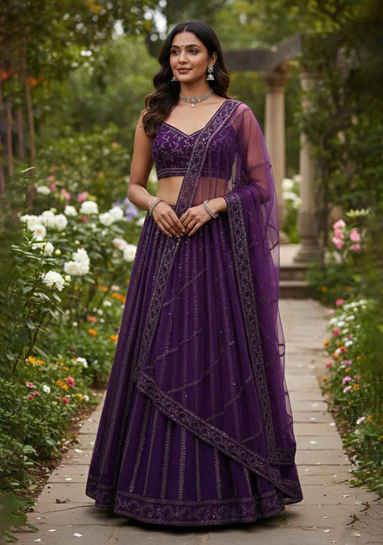Purple And Dori Work Net Lehenga Set with Sequins for Diwali | Wedding & Festive Wear - Indya