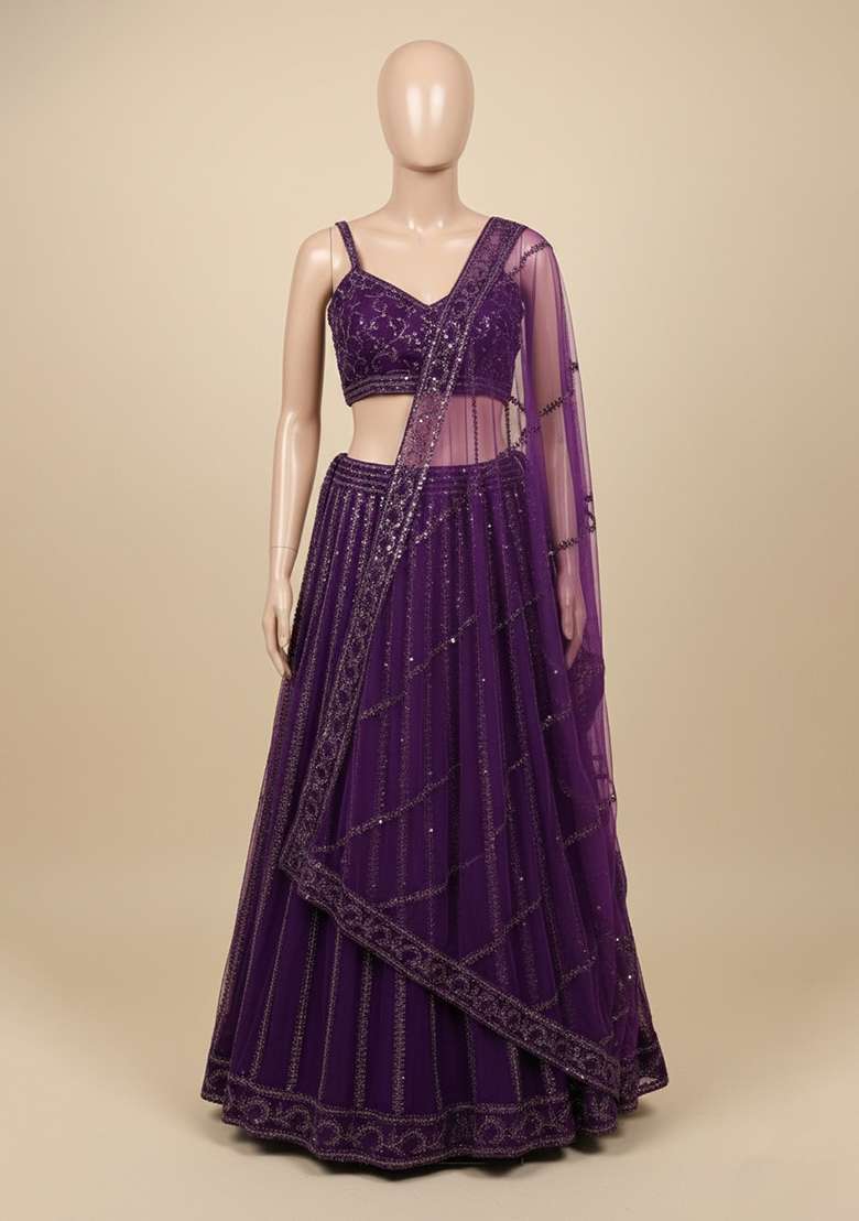 Purple And Dori Work Net Lehenga Set with Sequins for Diwali | Wedding & Festive Wear - Indya
