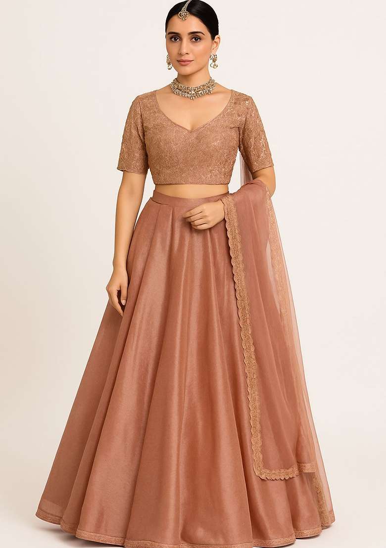 Golden Sequins Silk Blend Lehenga Set - Indya