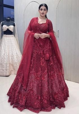 Red Sequins And Dori Work Net Lehenga Set