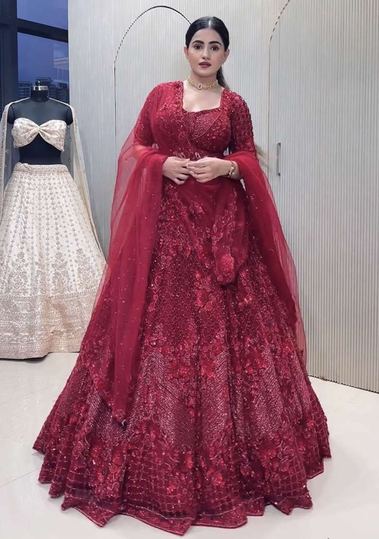 Red Sequins And Dori Work Net Lehenga Set for Diwali and Festive Wear - Indya