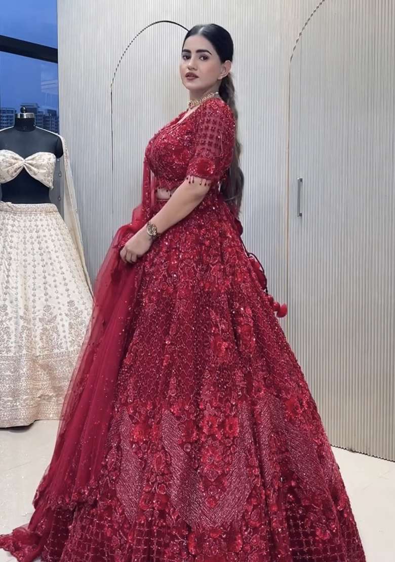 Red Sequins And Dori Work Net Lehenga Set for Diwali and Festive Wear - Indya