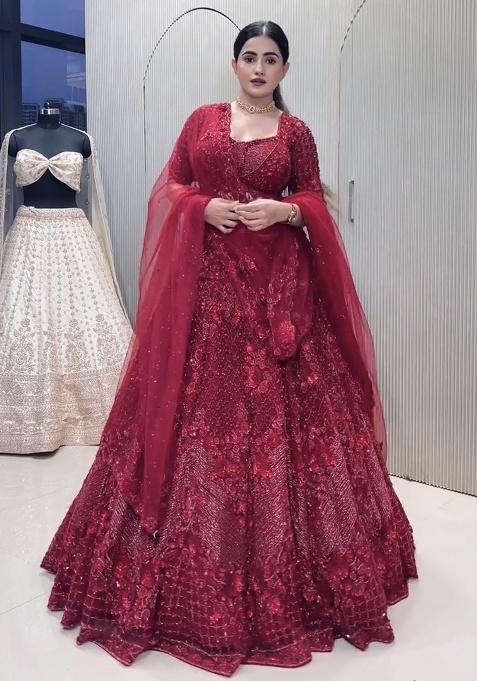 Red Sequins And Dori Work Net Lehenga Set