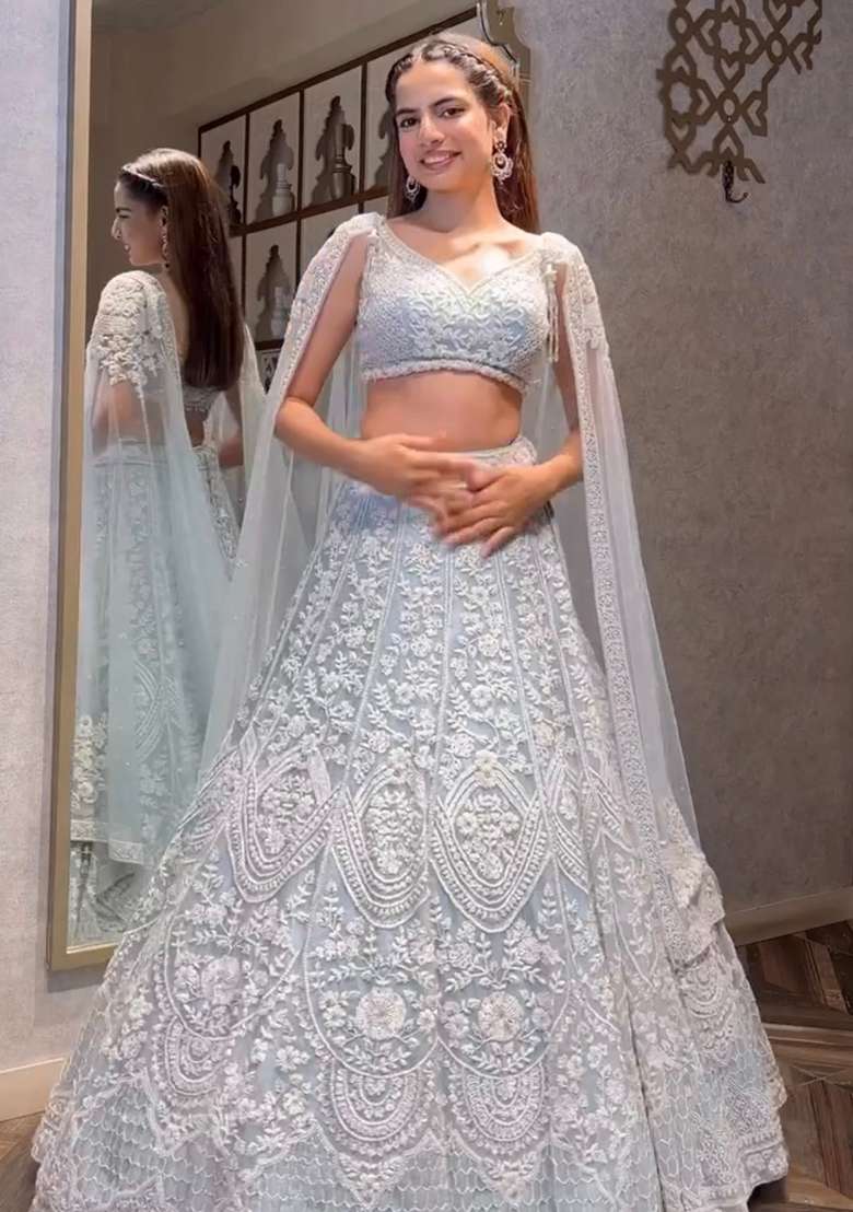 White Sequins And Dori Work Net Lehenga Set for Diwali and Festive Wear - Indya