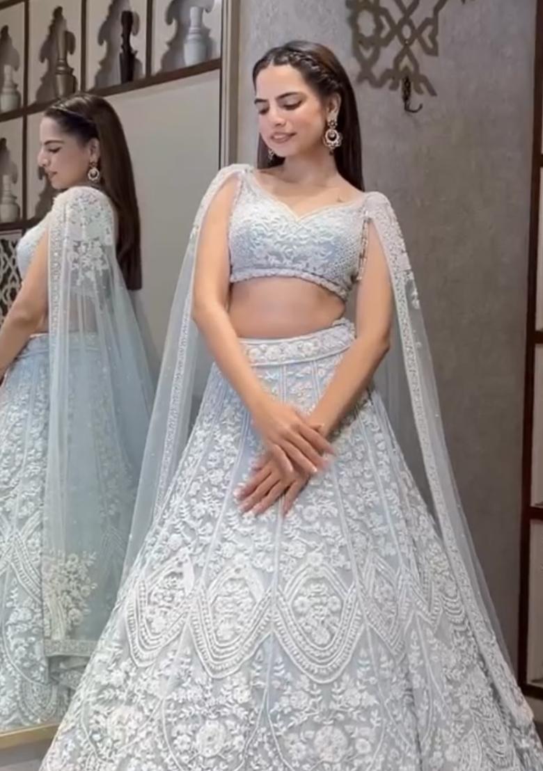 White Sequins And Dori Work Net Lehenga Set - Indya