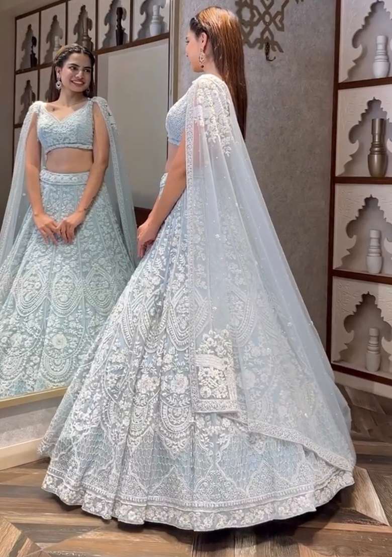 White Sequins And Dori Work Net Lehenga Set for Diwali and Festive Wear - Indya