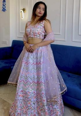 White Sequence And Thread Work Silk Lehenga Set