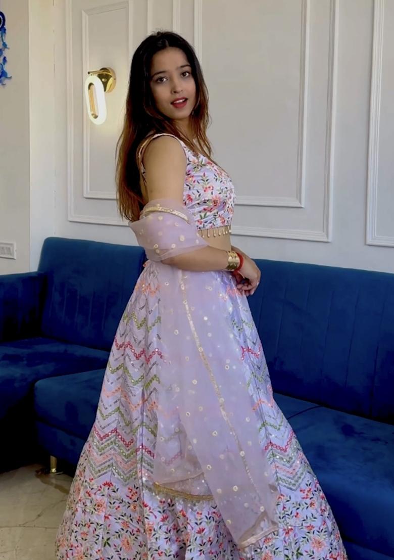 White Sequence And Thread Work Silk Lehenga Set