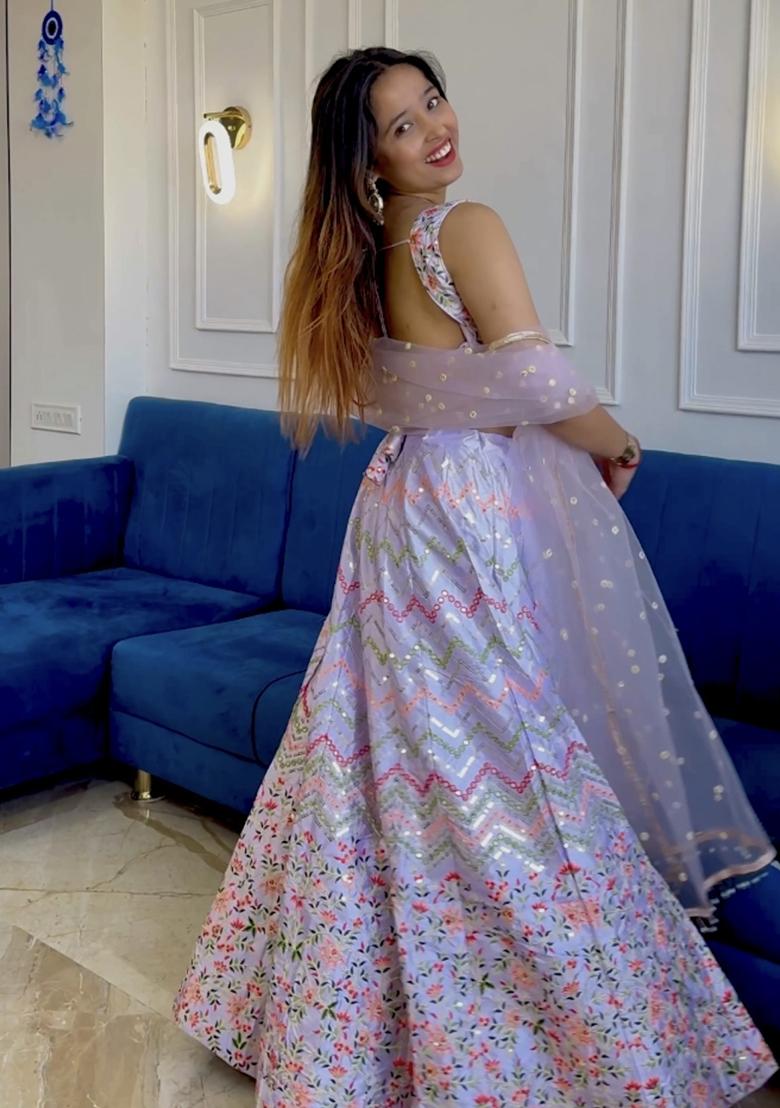 White Sequence And Thread Work Silk Lehenga Set