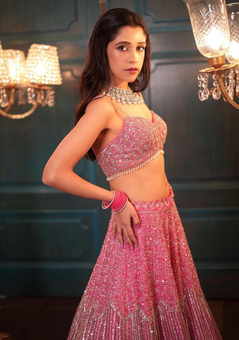 Baby Pink Embellished Net Lehenga Set - Indya
