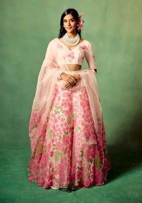 Baby Pink Floral Print Silk Lehenga Set