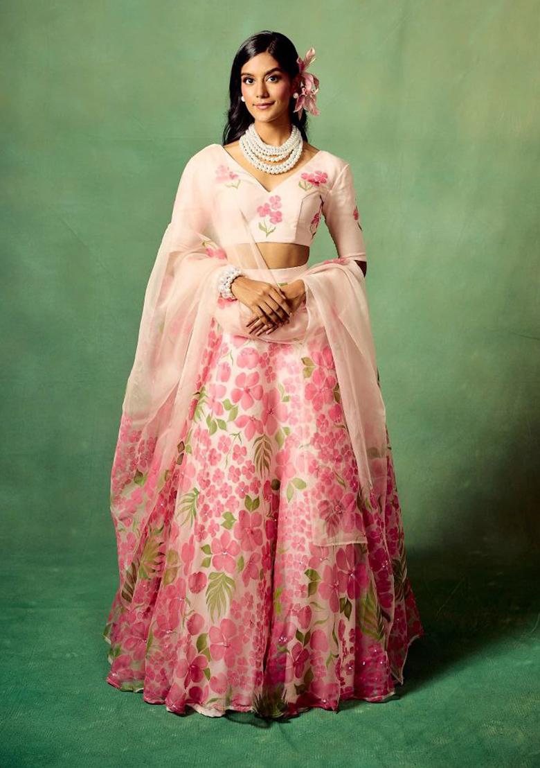 Baby Pink Floral Print Silk Lehenga Set