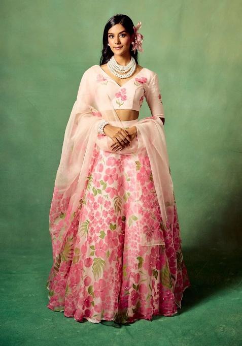 Baby Pink Floral Print Silk Lehenga Set