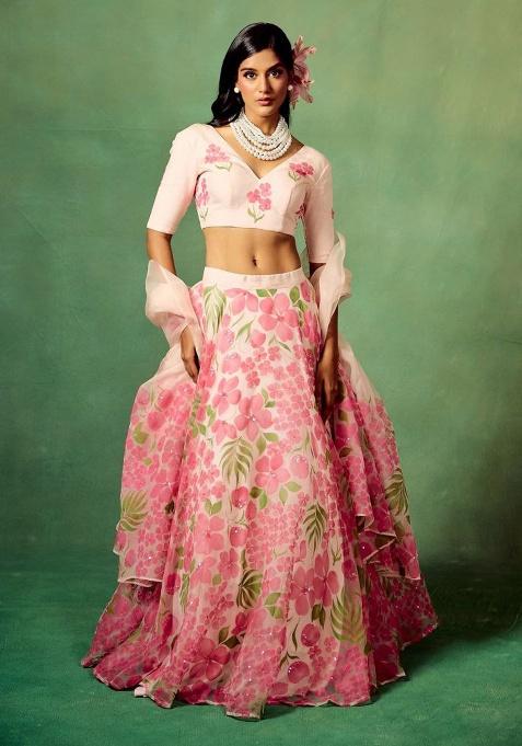 Baby Pink Floral Print Silk Lehenga Set