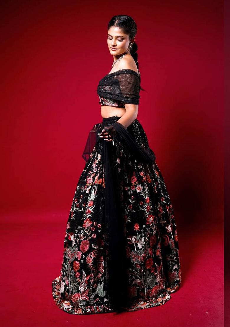 Black Embellished Georgette Lehenga Set - Indya