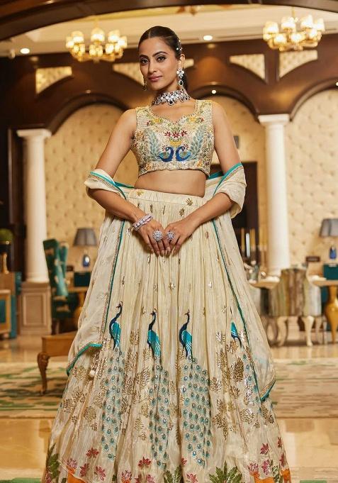 Cream Embellished Silk Lehenga Set