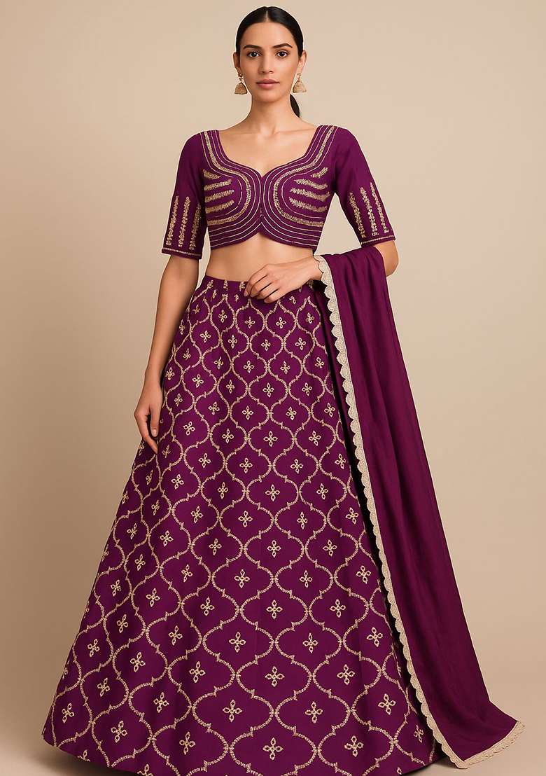 Wine Embroidery Silk Blend Lehenga Set - Indya