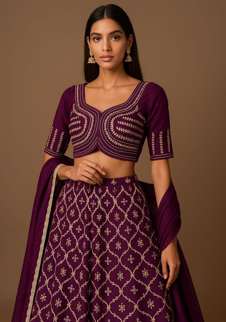 Wine Embroidery Silk Lehenga Set - Indya