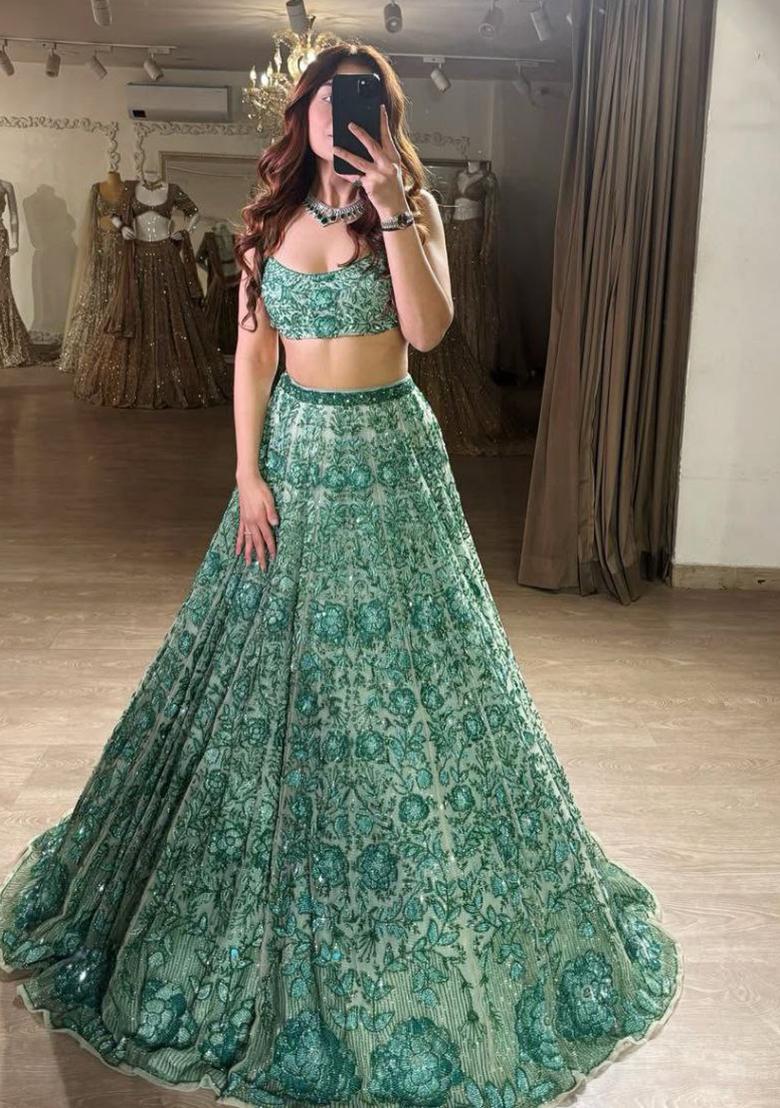 Green Embellished Georgette Lehenga Set - Indya