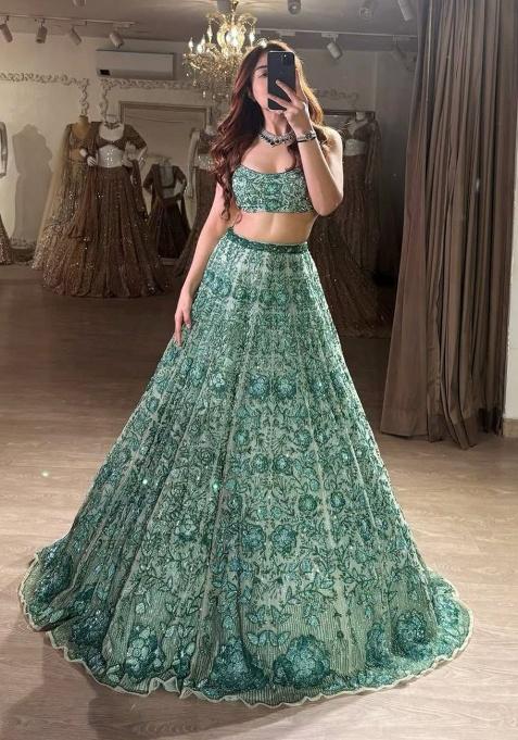 Green Embellished Georgette Lehenga Set