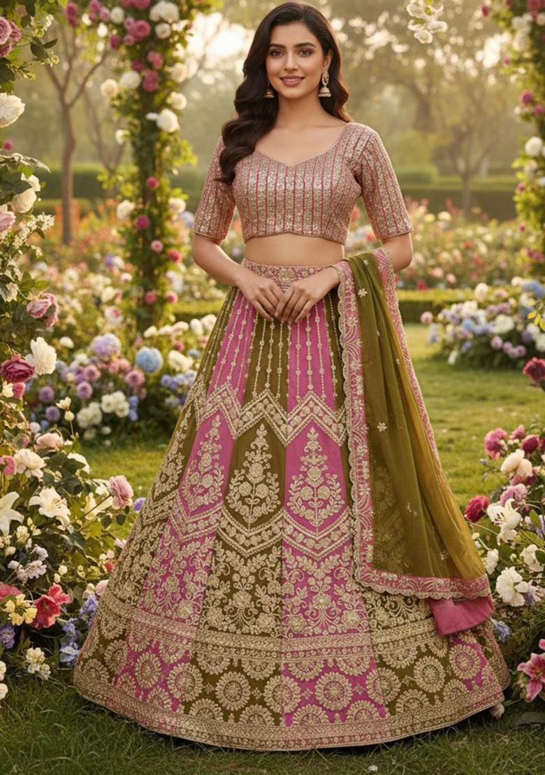 Mehndi Embroidery Georgette Lehenga Set
